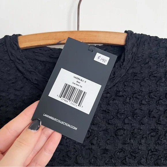 LAMARQUE • Nandra Top black textured tee long sleeve scoop neck cropped tight - Picture 7 of 11